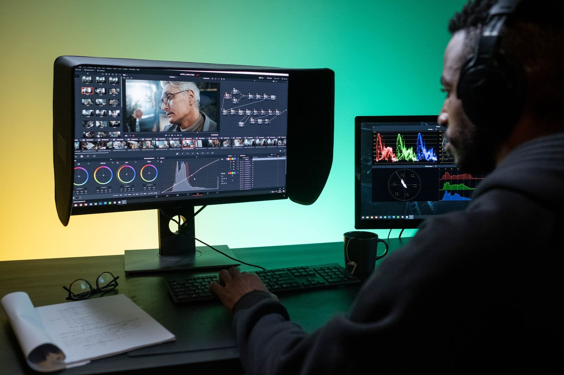 A freelance video editor color-grading footage across dual monitors in a home studio