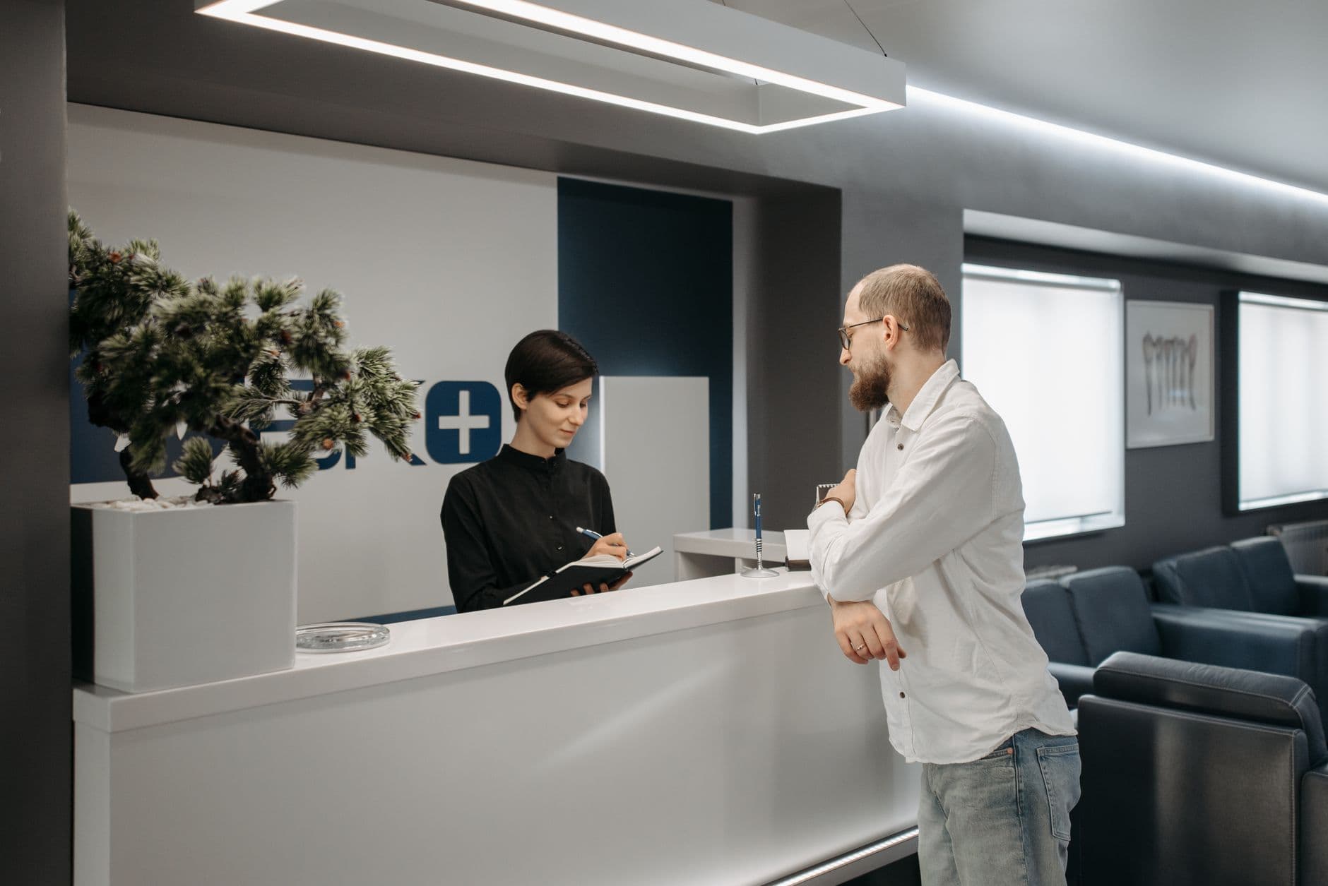 A modern medical clinic reception area used for marketing video production